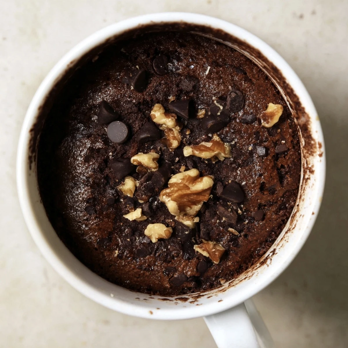 A warm, fudgy Mug Brownie, swirled with chocolate chips, ready for a quick dessert.