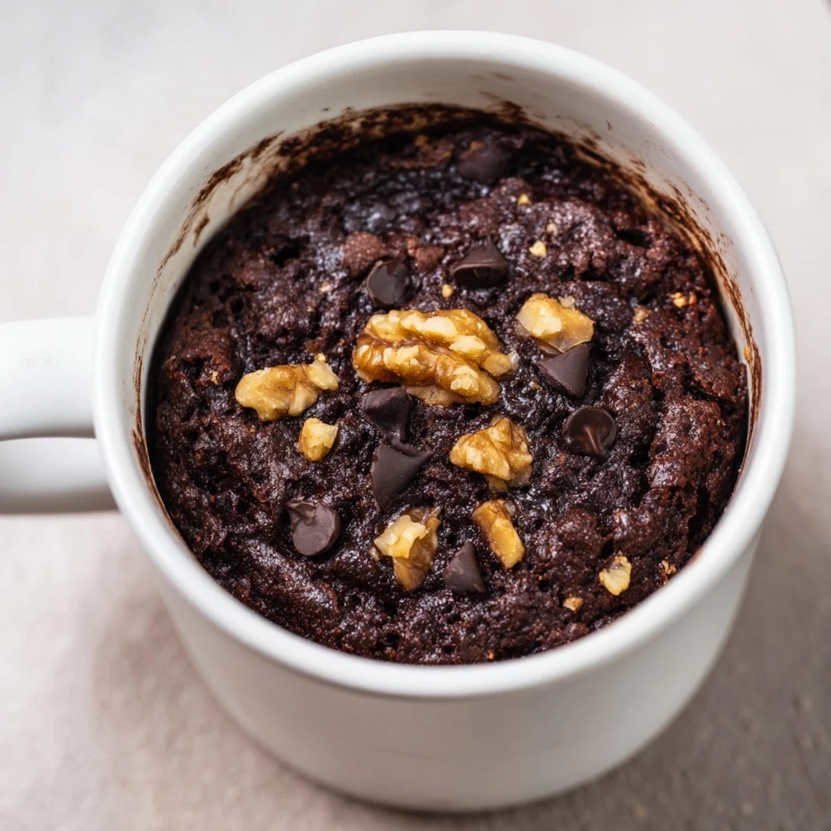 Steaming hot Mug Brownie, perfect for one, with a sprinkle of nuts for added texture and flavor.