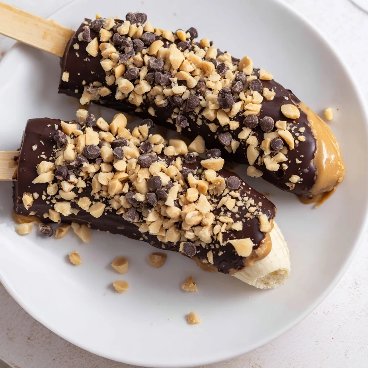 A close-up of delicious Frozen Banana Chocolate Pops, showing the creamy peanut butter layer and colorful sprinkles.