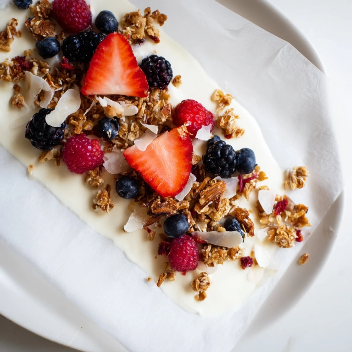 Vibrant Berry Yogurt Bark, a frozen treat with layers of creamy yogurt and colorful fresh berries.