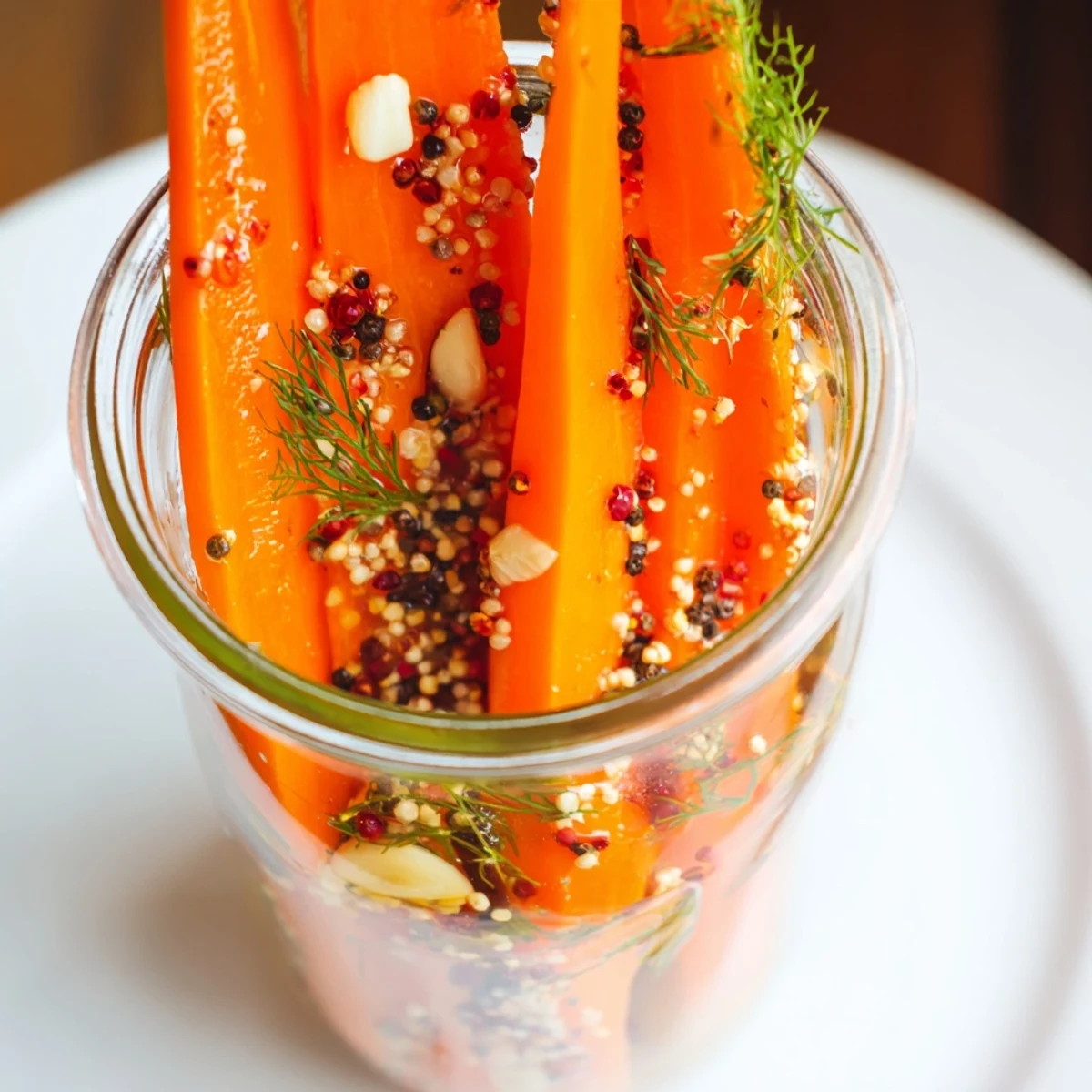 Bright orange Quick Pickled Carrot Spears with garlic and spices, submerged in clear brine.