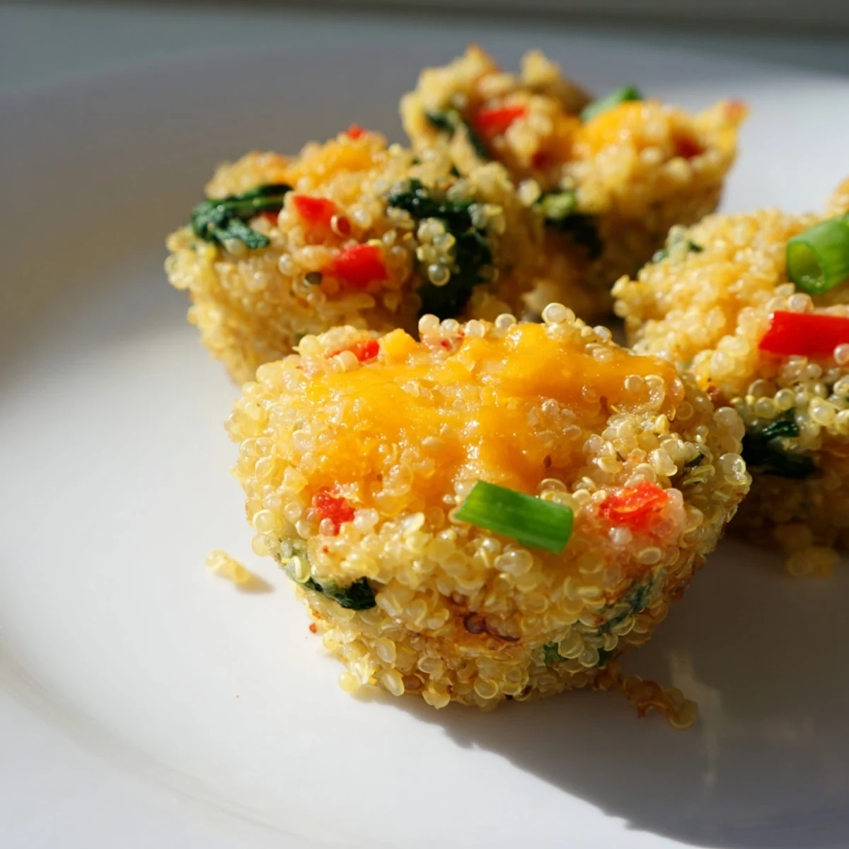 Golden-brown Baked Cheddar Quinoa Bites bursting with cheesy flavor and colorful veggie pieces.