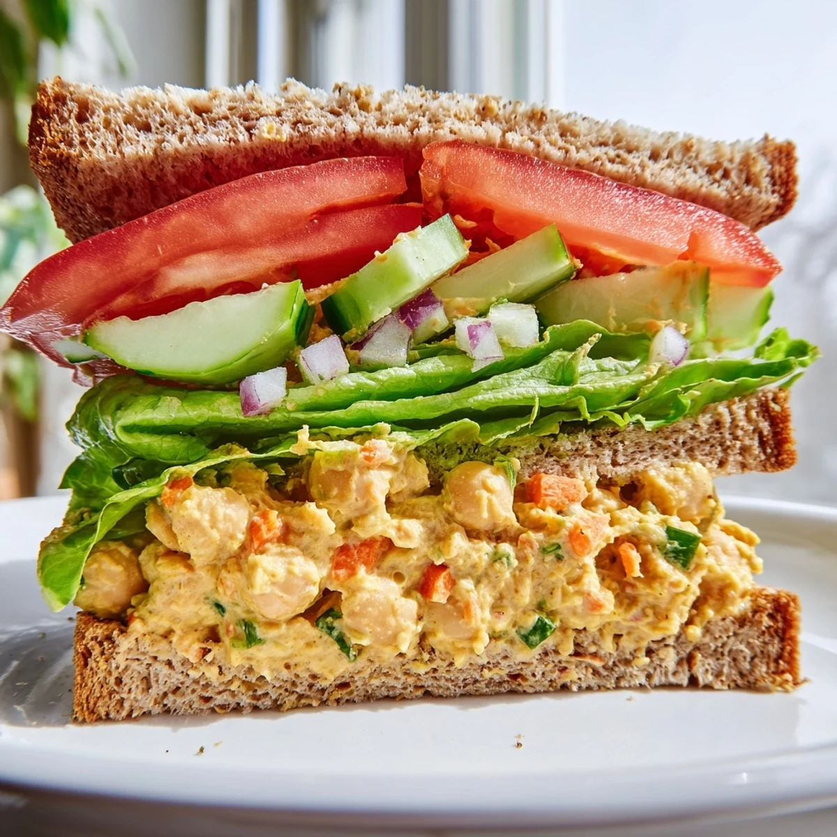 Easy Chickpea Salad Sandwich piled high with creamy chickpea filling and fresh veggie toppings.