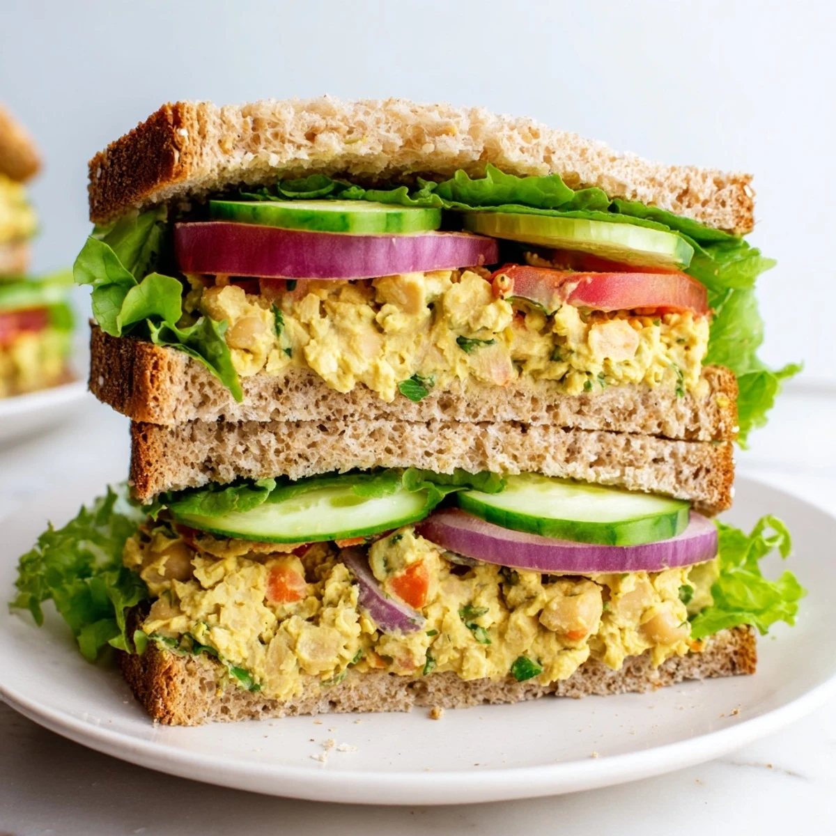 Golden-brown whole grain bread holds a delicious Easy Chickpea Salad Sandwich, ready to eat now.