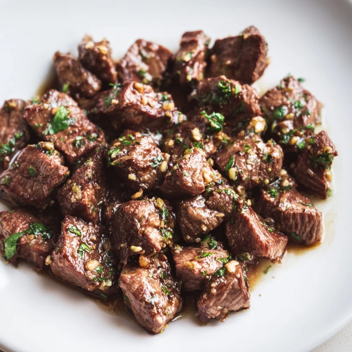 Air-Fryer Garlic-Butter Steak Bites, glistening with savory sauce, perfect for a quick and easy appetizer.