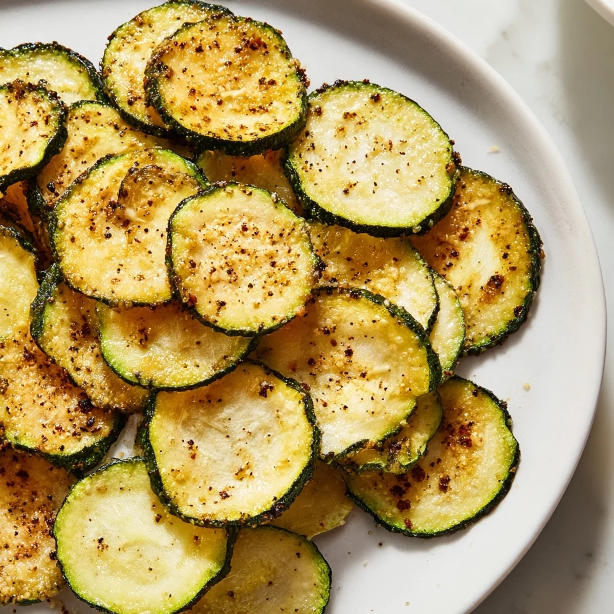 Golden, crispy zucchini chips, perfectly baked to a satisfying crunch, ready to enjoy as a snack.