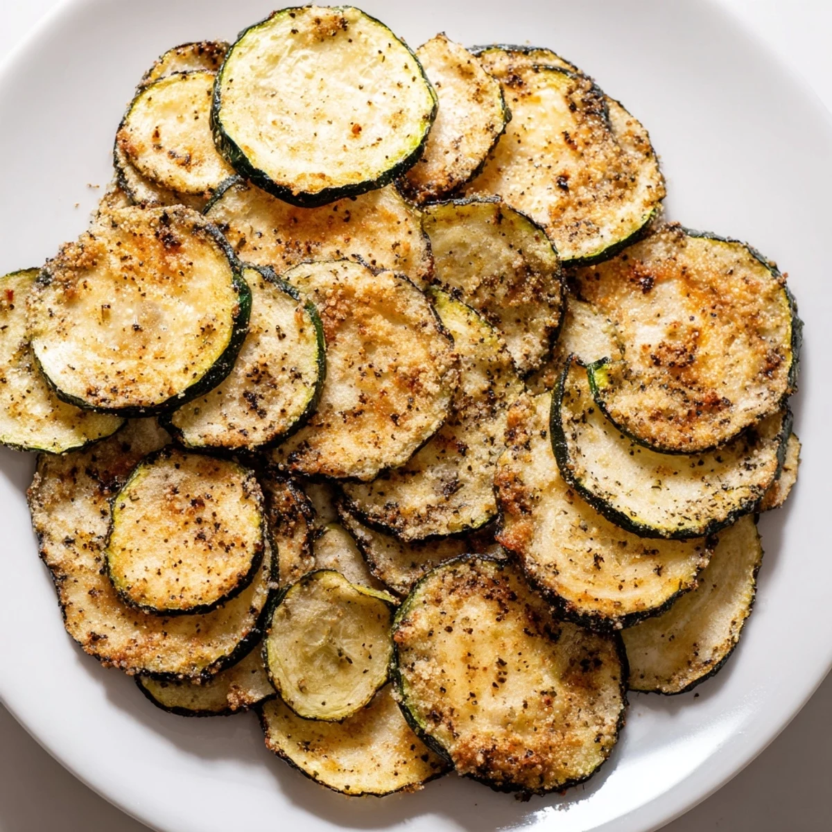 Freshly made crispy zucchini chips, a healthy and delicious snack with a dusting of paprika.