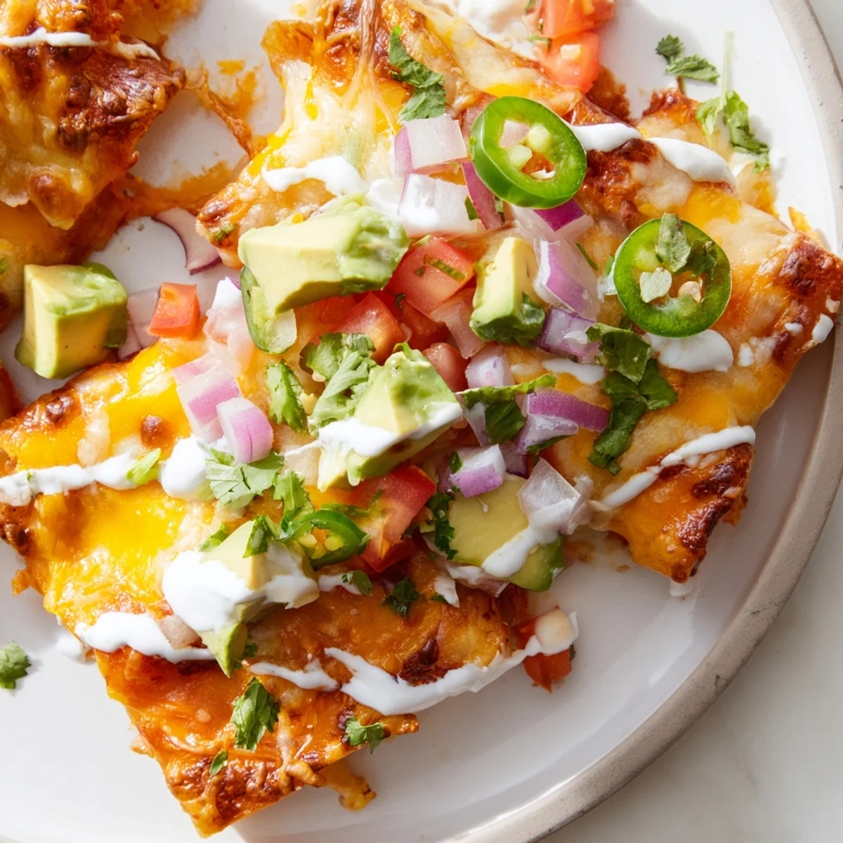 Golden-baked pasta chips nachos, loaded with melted cheese, fresh toppings, and zesty sauce.