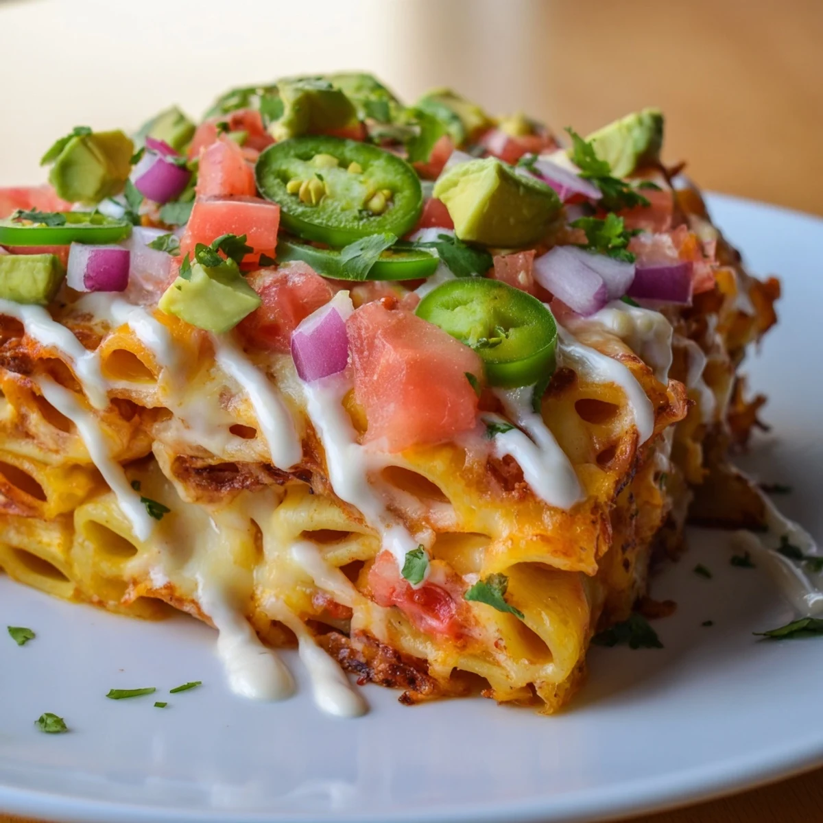 A delicious close-up of pasta chips nachos with vibrant, colorful toppings and cheese pulls.