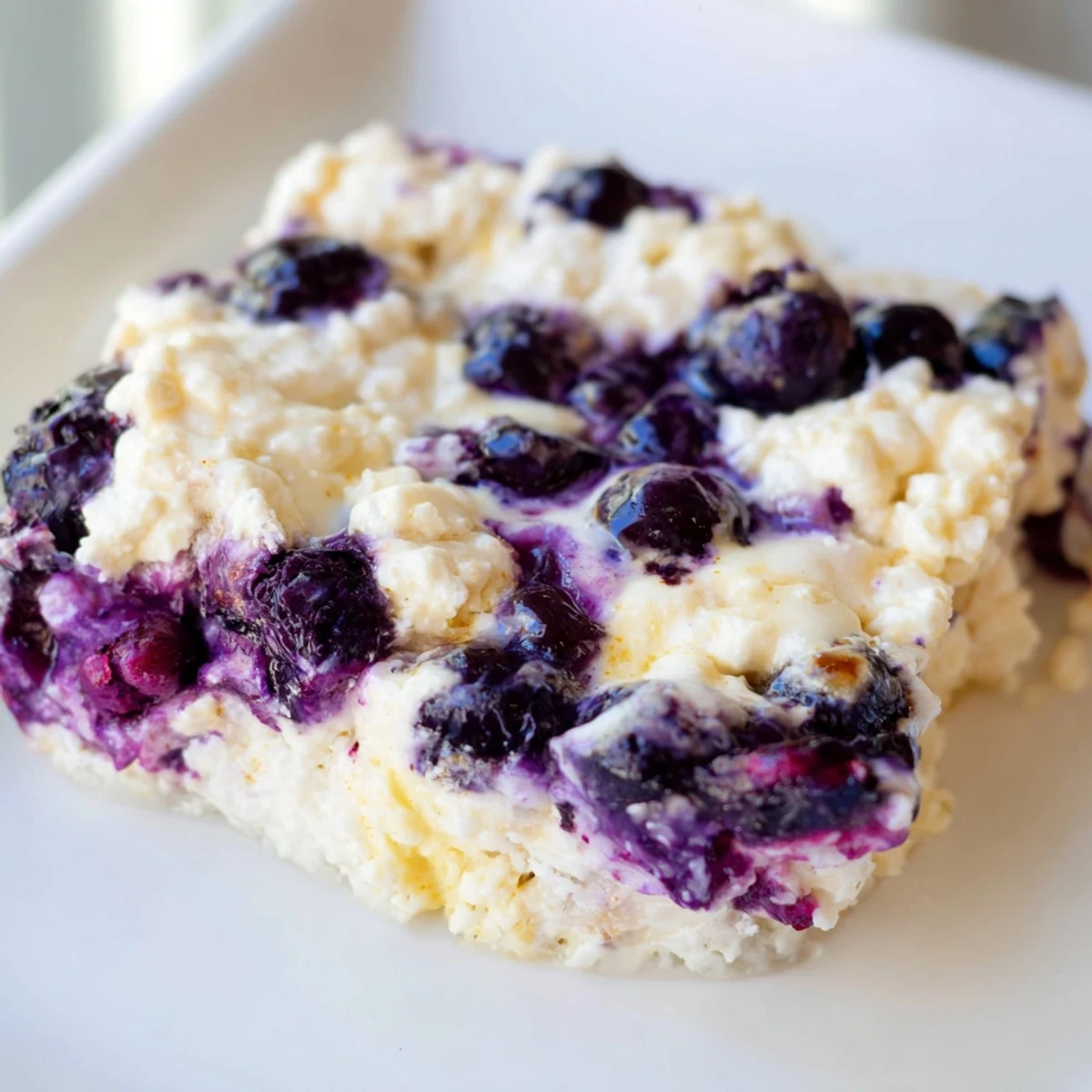 Warm Blueberry Cottage Cheese Bake, baked until golden brown with juicy blueberries visible.