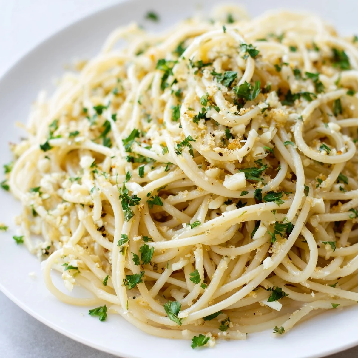 Golden, buttery Garlic Butter Noodles with fresh parsley, ready to be twirled on a fork.
