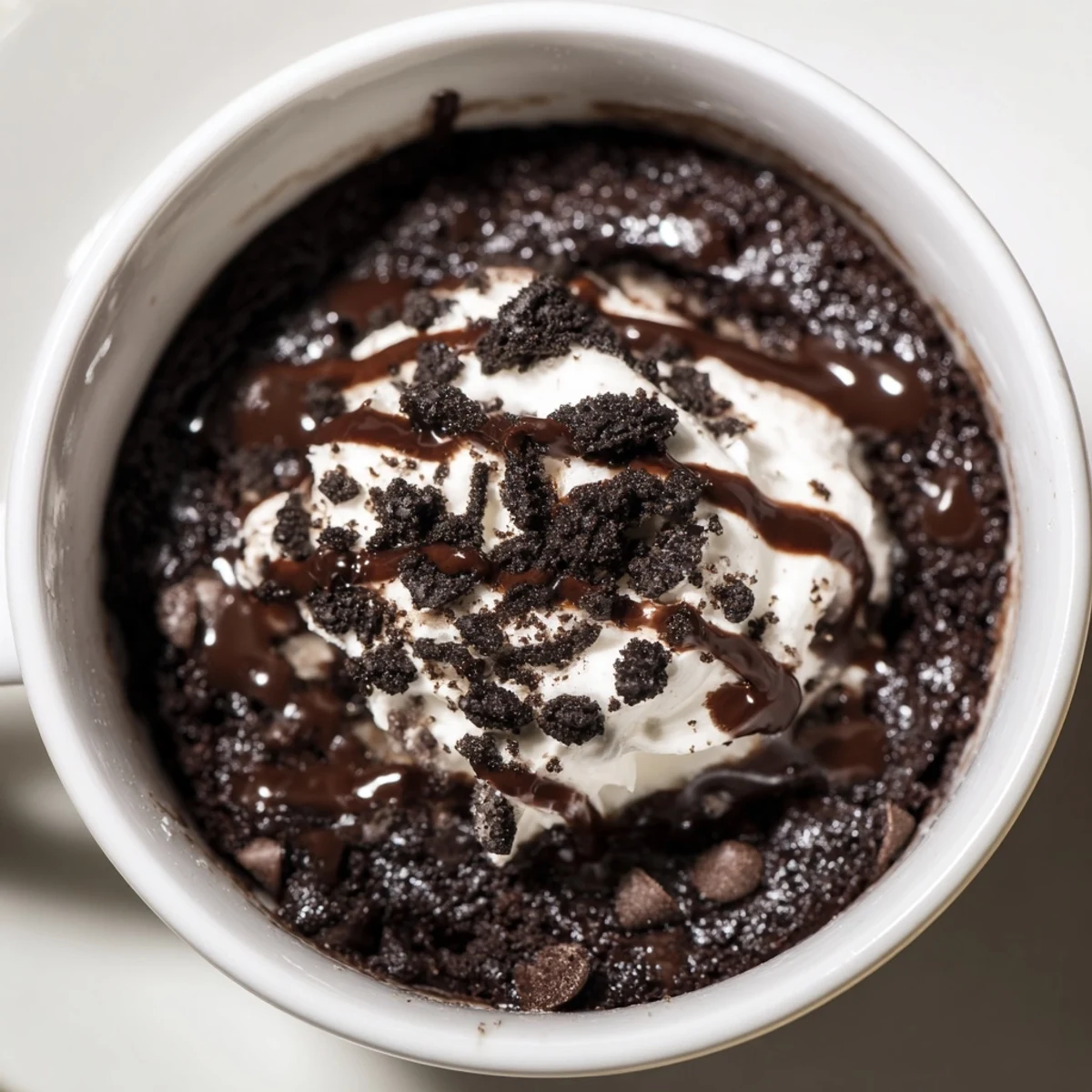 Decadent Oreo Mug Cake, warm and gooey, topped with whipped cream, ready to eat.