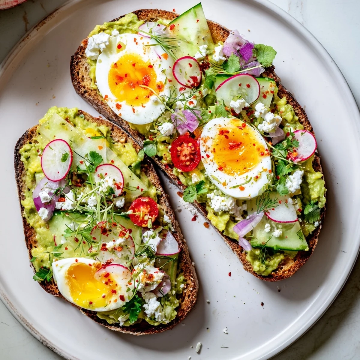 Creamy loaded avocado toast with a perfectly poached egg, vibrant tomatoes, and crumbled feta.