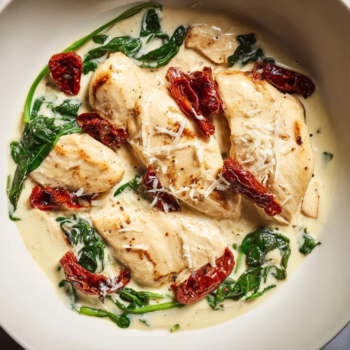Creamy Tuscan Chicken, a one-pan delight, showcases juicy chicken bathed in a rich, Parmesan cream sauce.