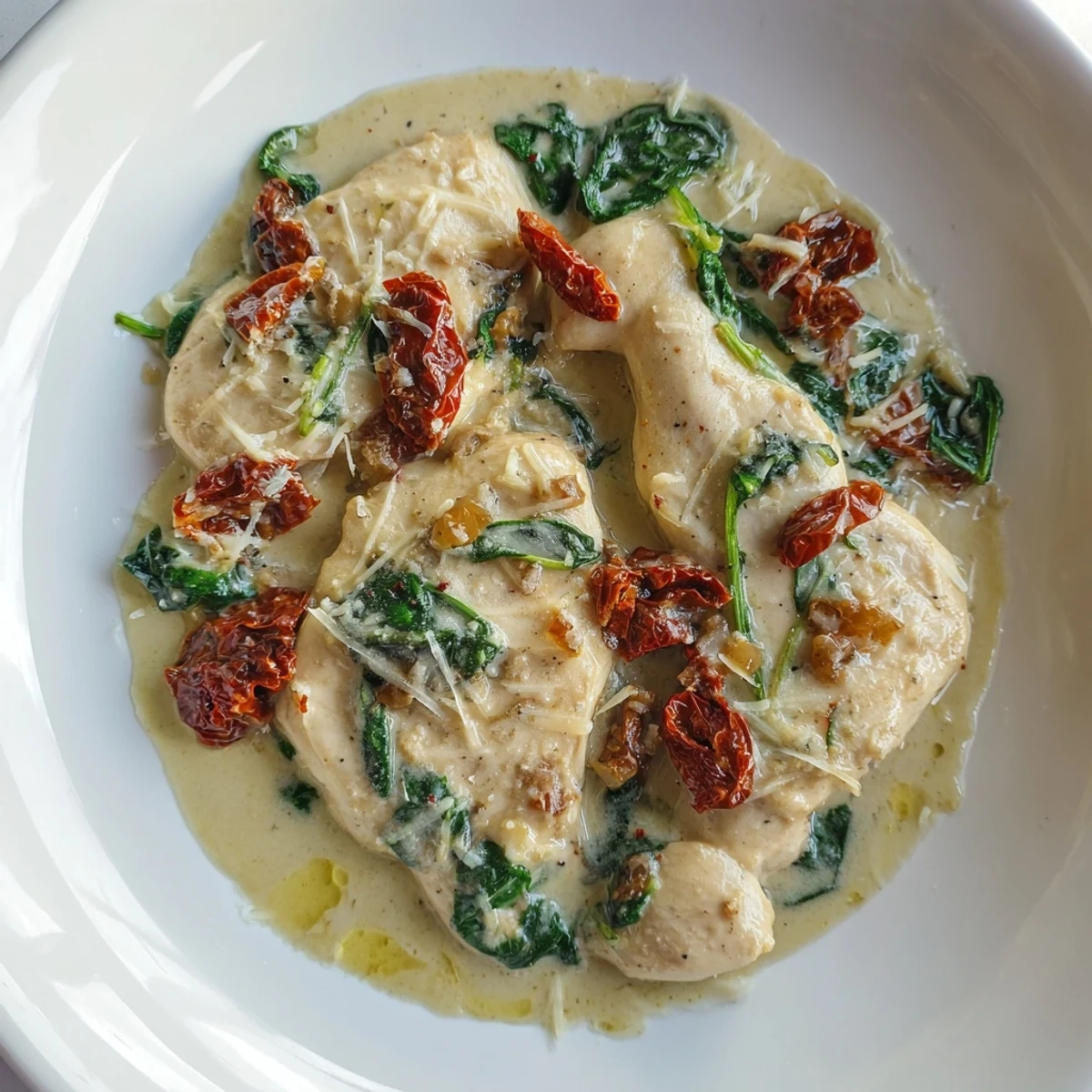 This Creamy Tuscan Chicken dish features golden-brown chicken with vibrant spinach and sun-dried tomatoes' flavor.