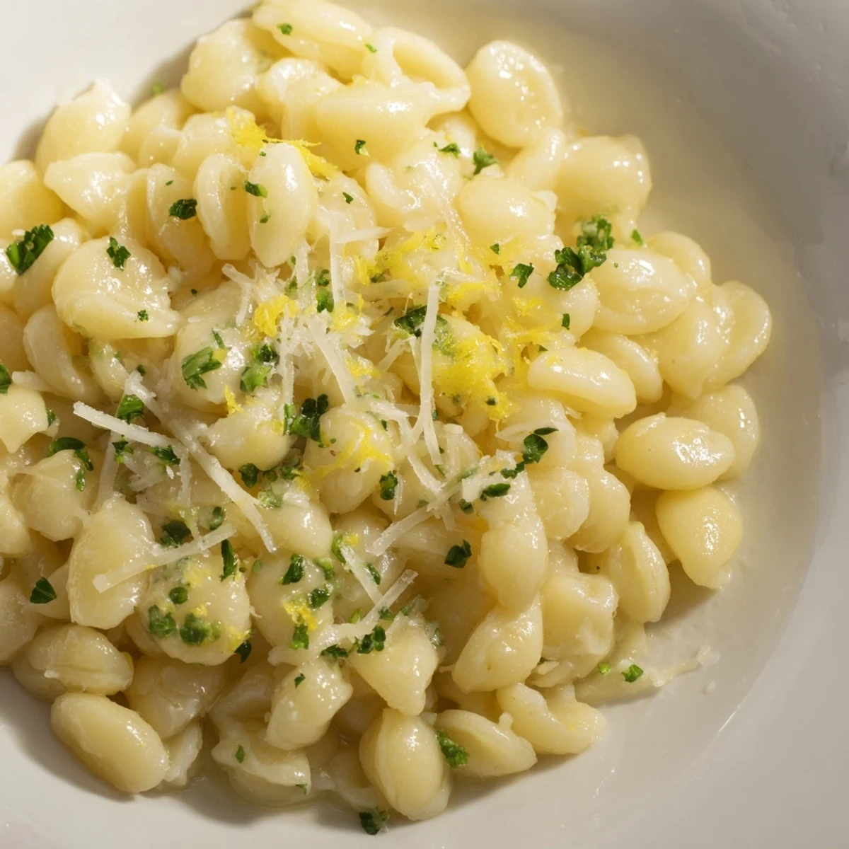 A close-up of steaming 15-Minute Creamy Garlic Butter Ditalini, sprinkled with fresh parsley and Parmesan cheese.