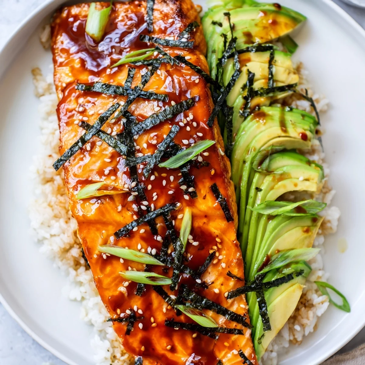 Flavorful Emily Mariko-inspired salmon bowl, featuring tender salmon, fluffy rice, and fresh, crunchy toppings.