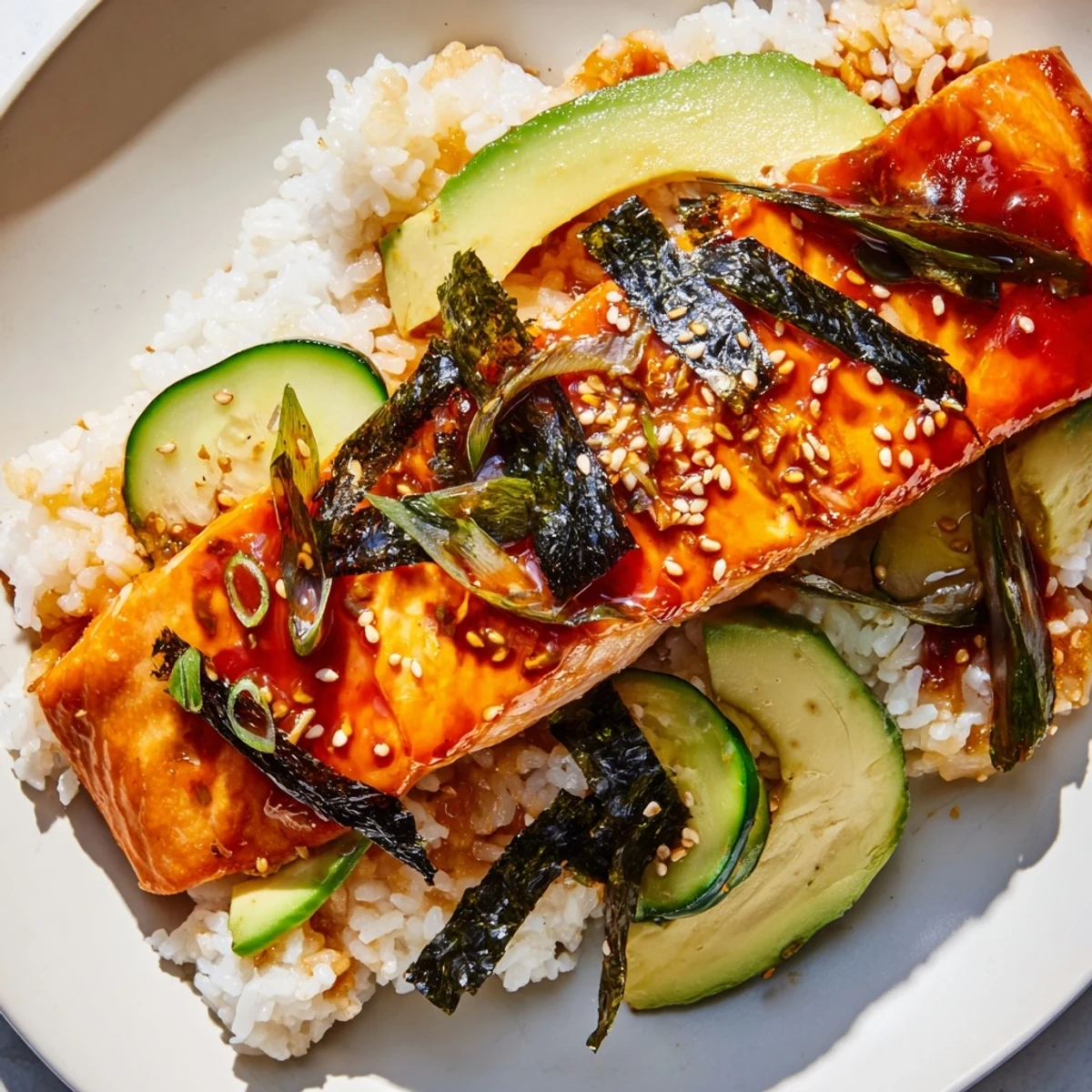 Perfectly cooked Emily Mariko salmon bowl with a sticky, glazed finish, ready for a delicious, healthy meal.