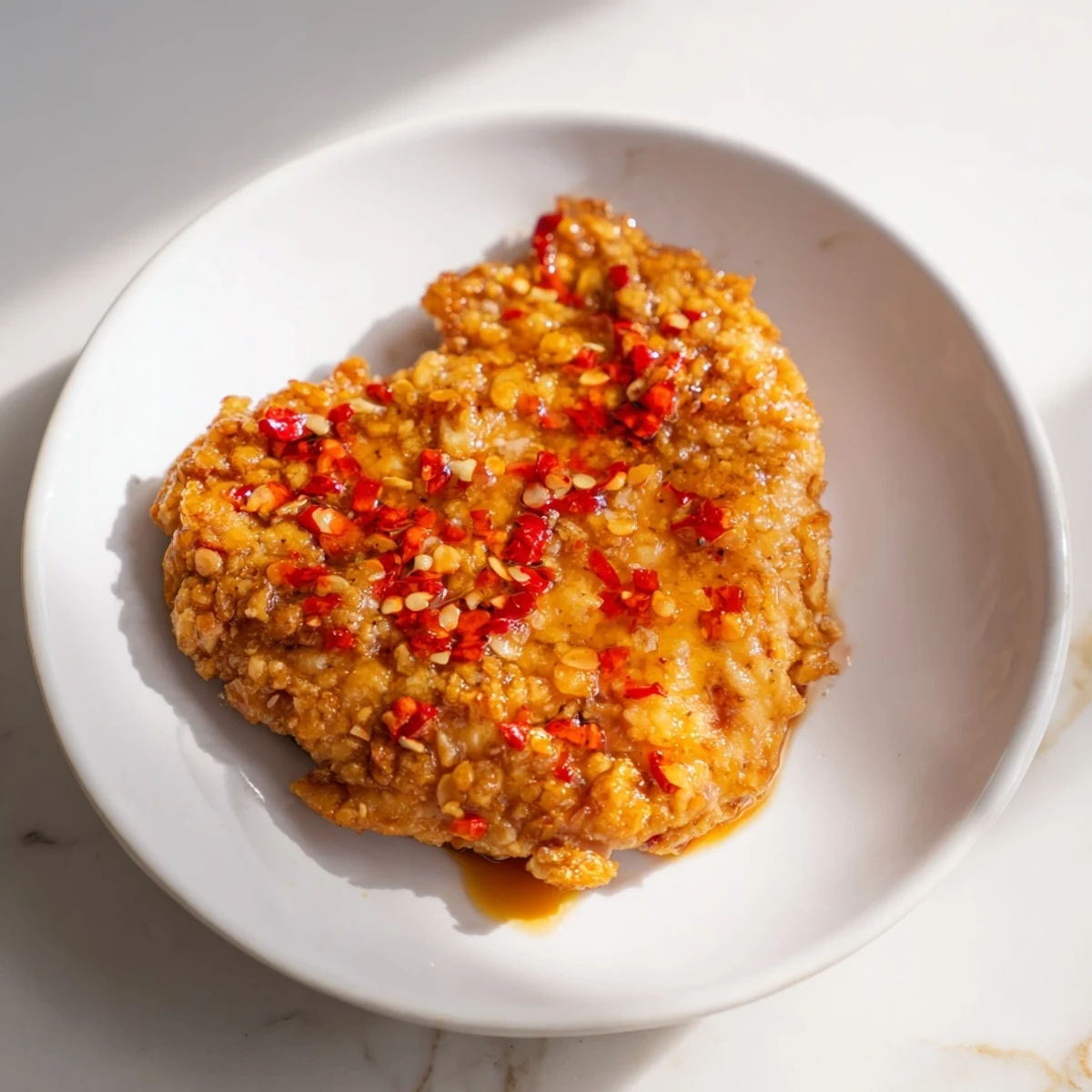 Golden, crispy Hot Honey Crispy Chicken Thighs on a plate with glistening, spicy-sweet honey.