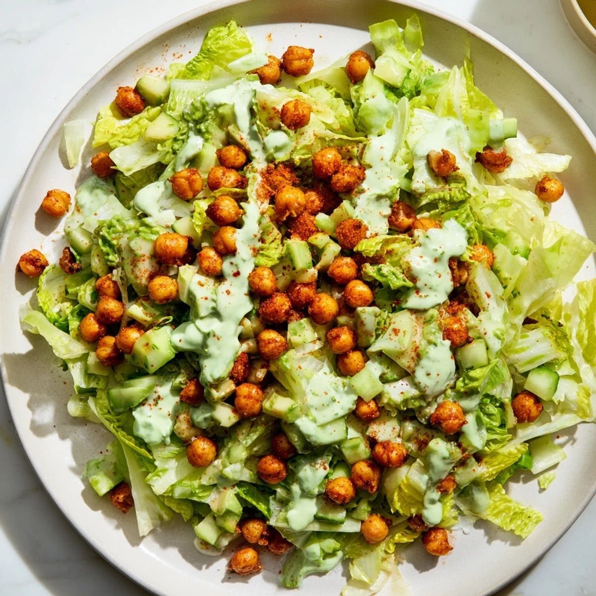 A colorful bowl of Green Goddess Salad with crispy, golden chickpeas, ready to enjoy.