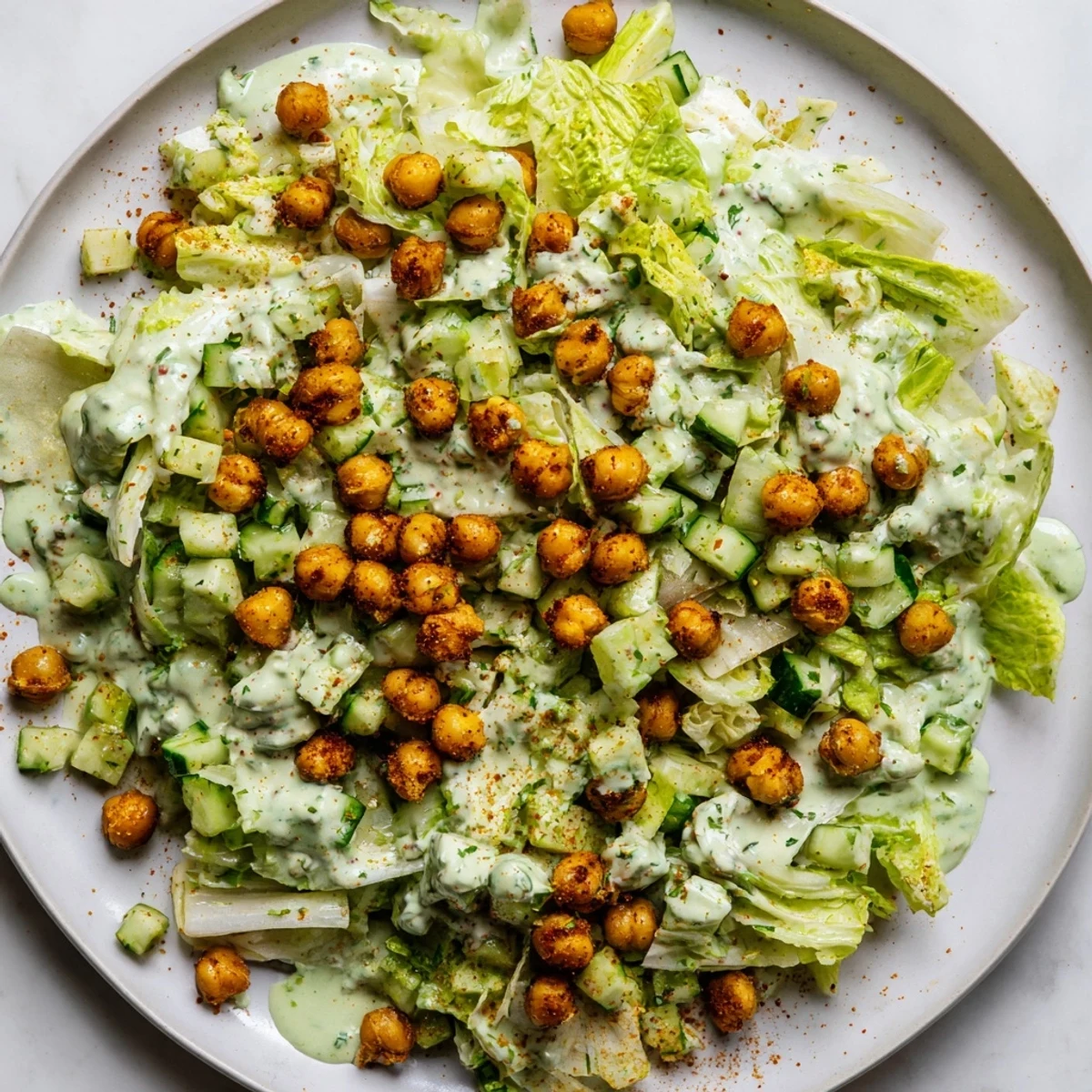 Close-up of a Green Goddess Salad with chickpeas: a healthy, delicious vegetarian lunch or side.