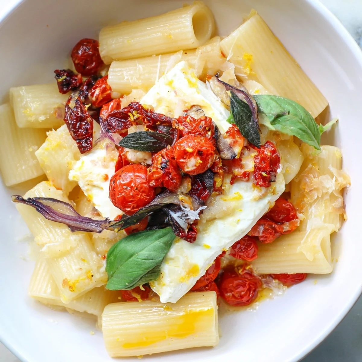 Creamy baked feta pasta with sun-dried tomatoes; a vibrant Mediterranean dinner, visually appealing.