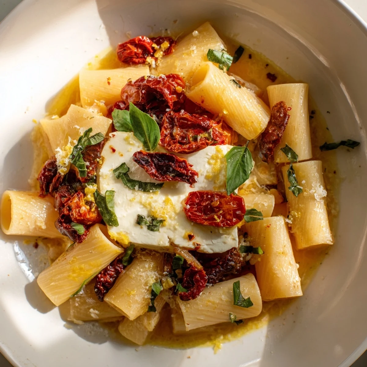 A close-up shot of hot Baked Feta Pasta, with colorful tomatoes and melted feta cheese.