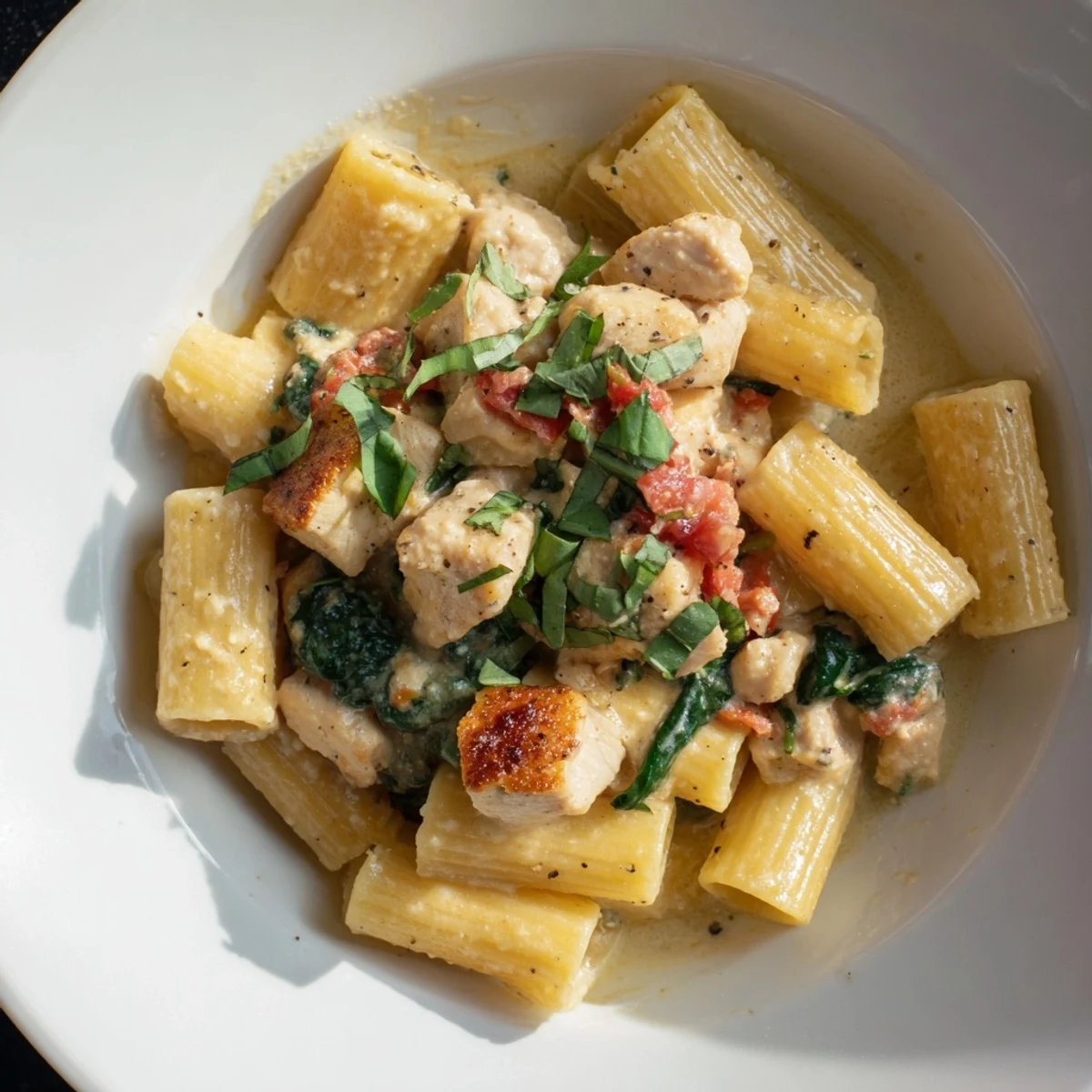 Creamy Budget-Friendly Marry Me Chicken Pasta with golden chicken pieces and a lush tomato sauce coating rigatoni.