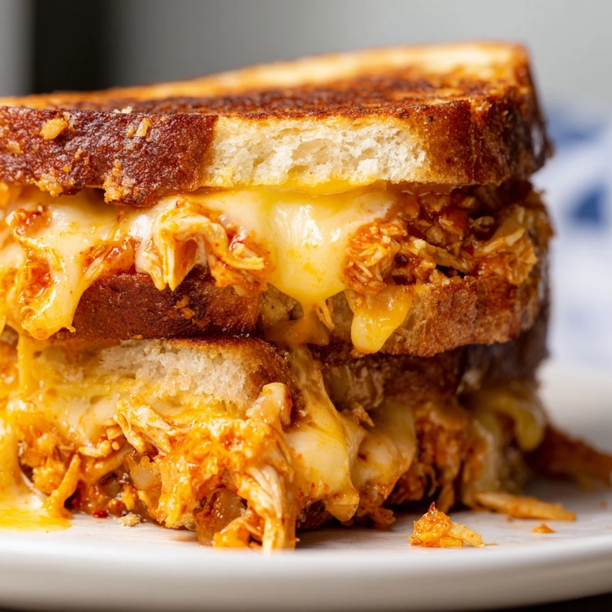 Golden-brown Spicy Crispy Chicken Sandwich Grilled Cheese with melted cheese oozing out, delicious!