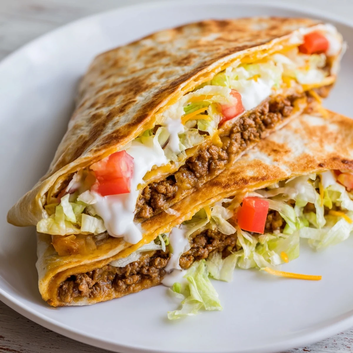 A close-up shot of a cheesy Taco Bell Crunchwrap Supreme, sliced in half to reveal all the textures within.