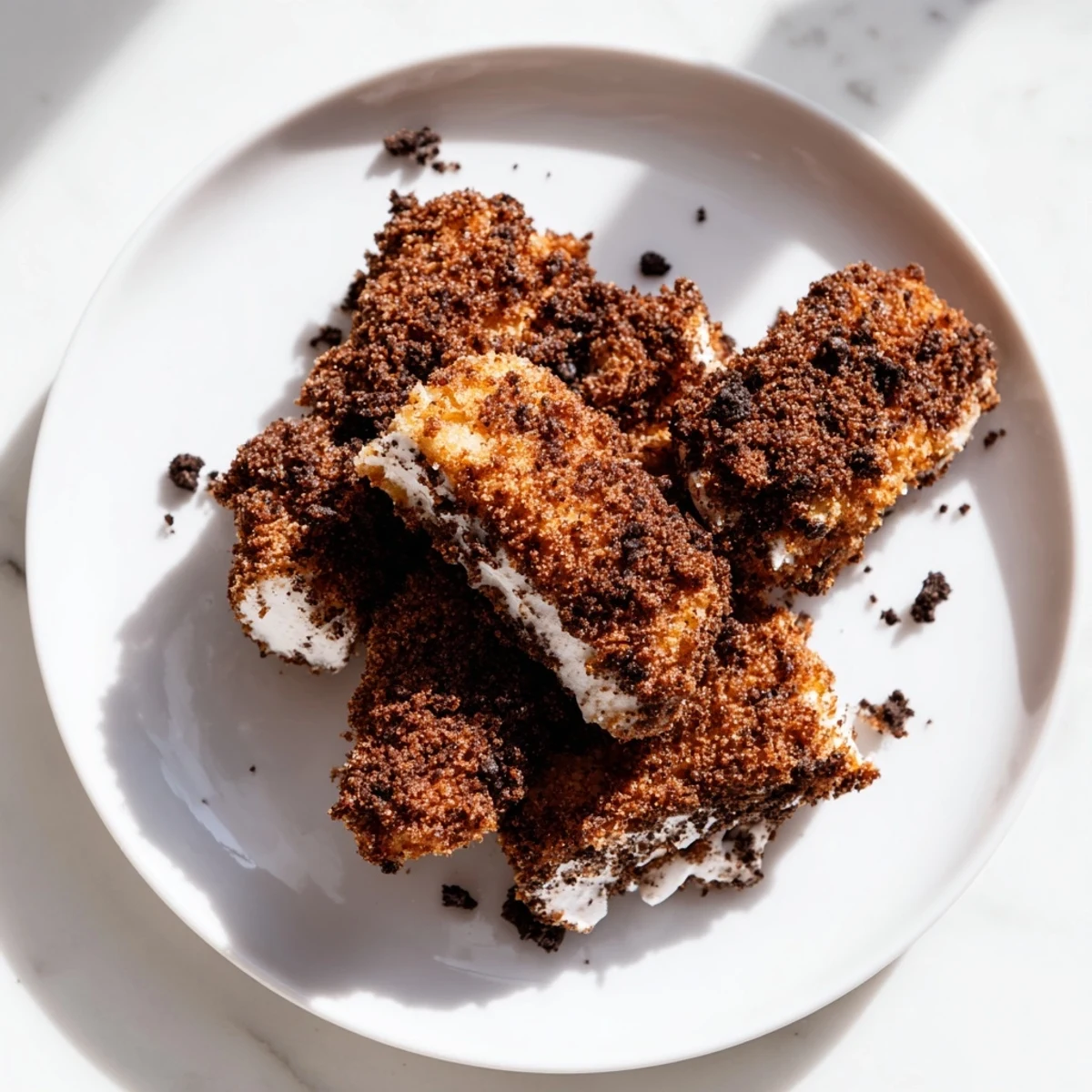 A close-up shot of homemade KFC Oreo Krusher tenders, showing the crunchy Oreo coating sizzling.