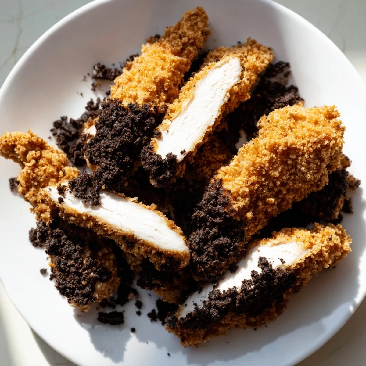 Crispy KFC Oreo Krusher-inspired chicken tenders, coated in golden batter, ready to serve and enjoy.
