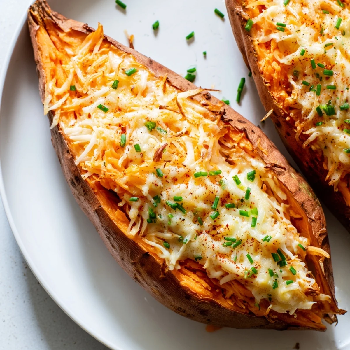 Golden, melted cheese oozing from roasted Sweet Potato & Cheese, a hearty vegetarian delight.