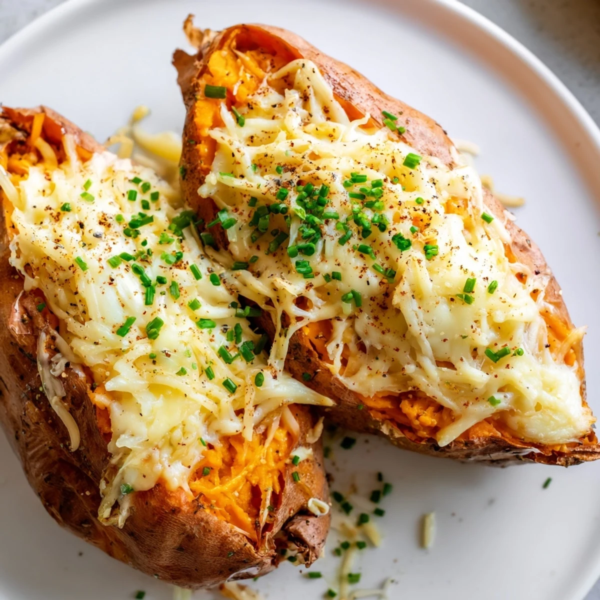 A close-up of cheesy, savory Sweet Potato & Cheese, perfect for a cozy, comforting dinner.