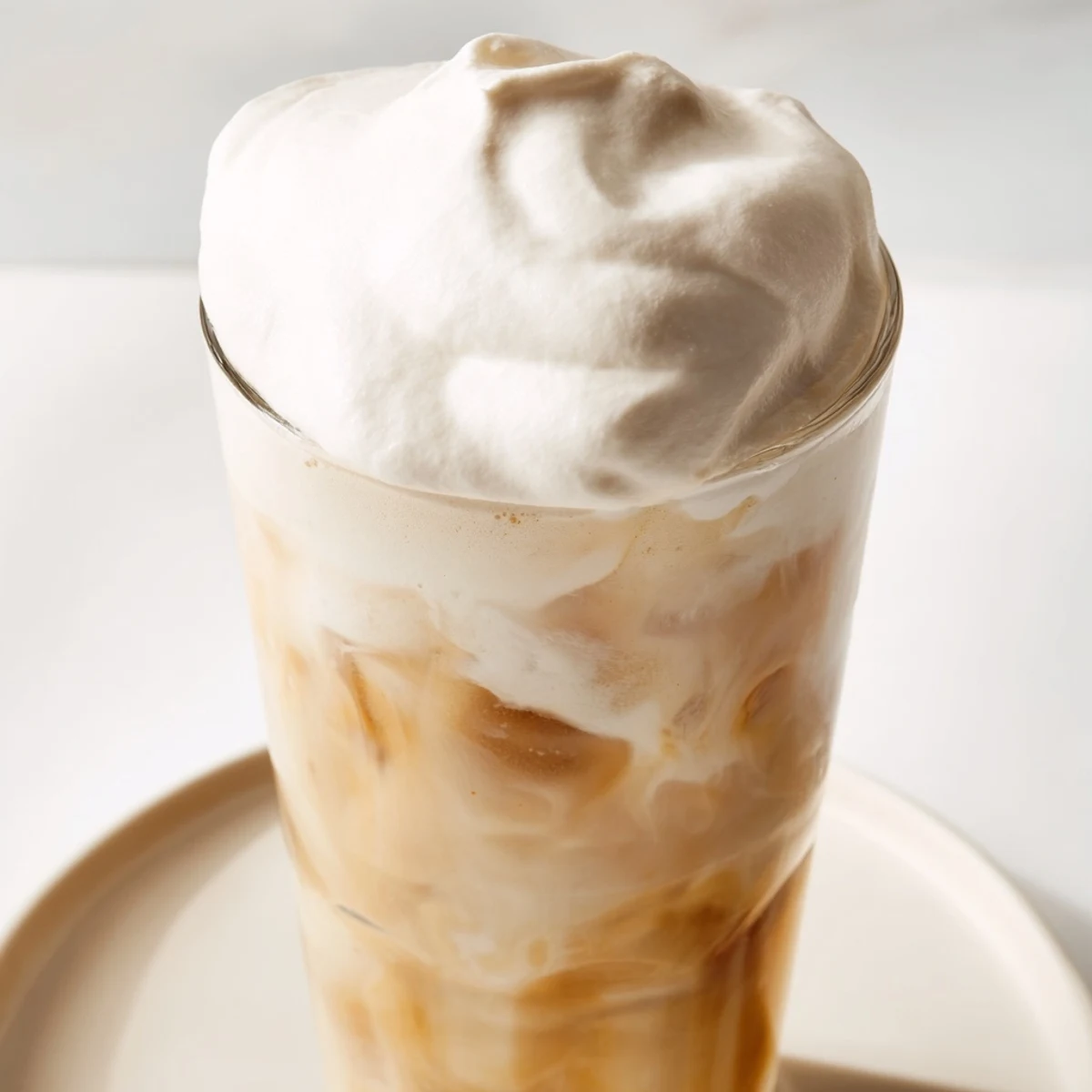Fluffy Starbucks Cold Foam overflowing a glass, ready to add the perfect silky texture to any iced drink.