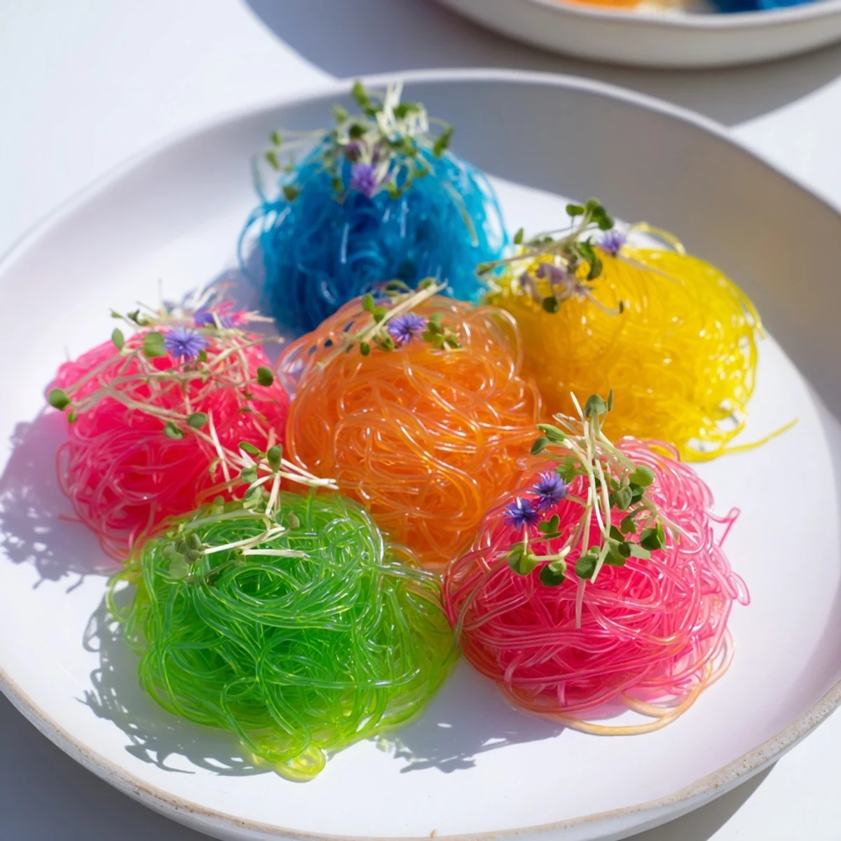 Chilled neon noodle clouds, a colorful & fun appetizer, ready to be enjoyed with flavorful dipping sauce.
