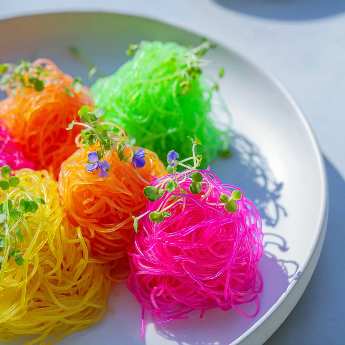 Close-up of multicolored neon noodle clouds, ready to dip in savory soy sauce, a fusion appetizer.