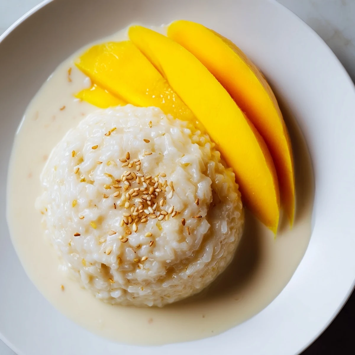 Plump, glistening Thai Mango Sticky Rice served next to bright yellow mango slices, ready to savor.