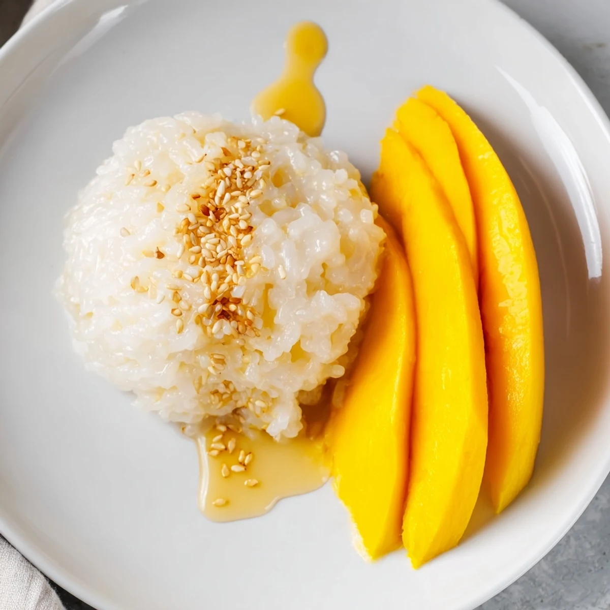 Creamy coconut sauce coats warm, fragrant Thai Mango Sticky Rice, a delicious and balanced Thai dessert.