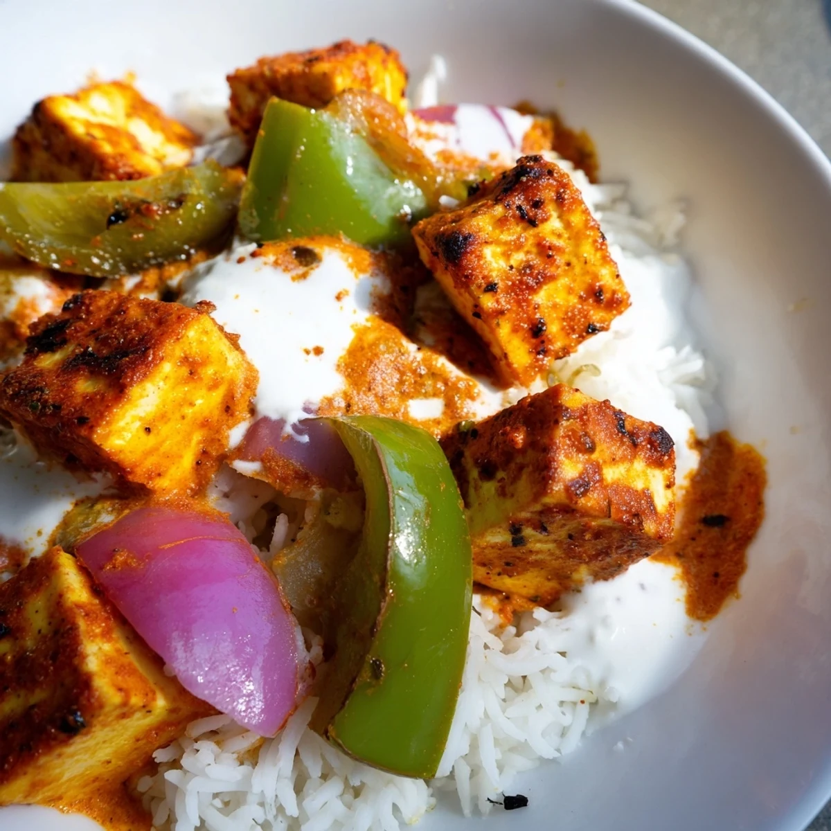 This image shows steaming Paneer Tikka Masala, with browned paneer in a rich tomato-cream sauce.