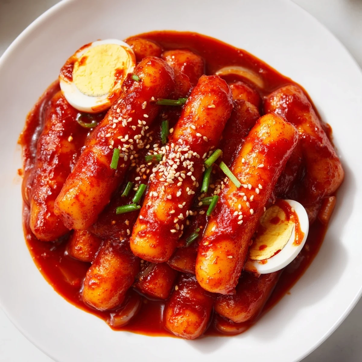 Steaming Korean Tteokbokki, featuring vibrant red sauce and perfectly boiled eggs, ready to enjoy.