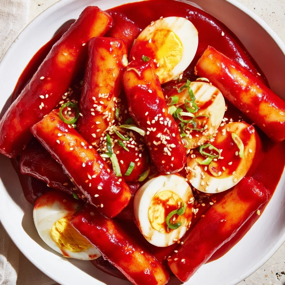 A delicious serving of spicy Korean Tteokbokki, with a sweet, savory sauce, and tender rice cakes.