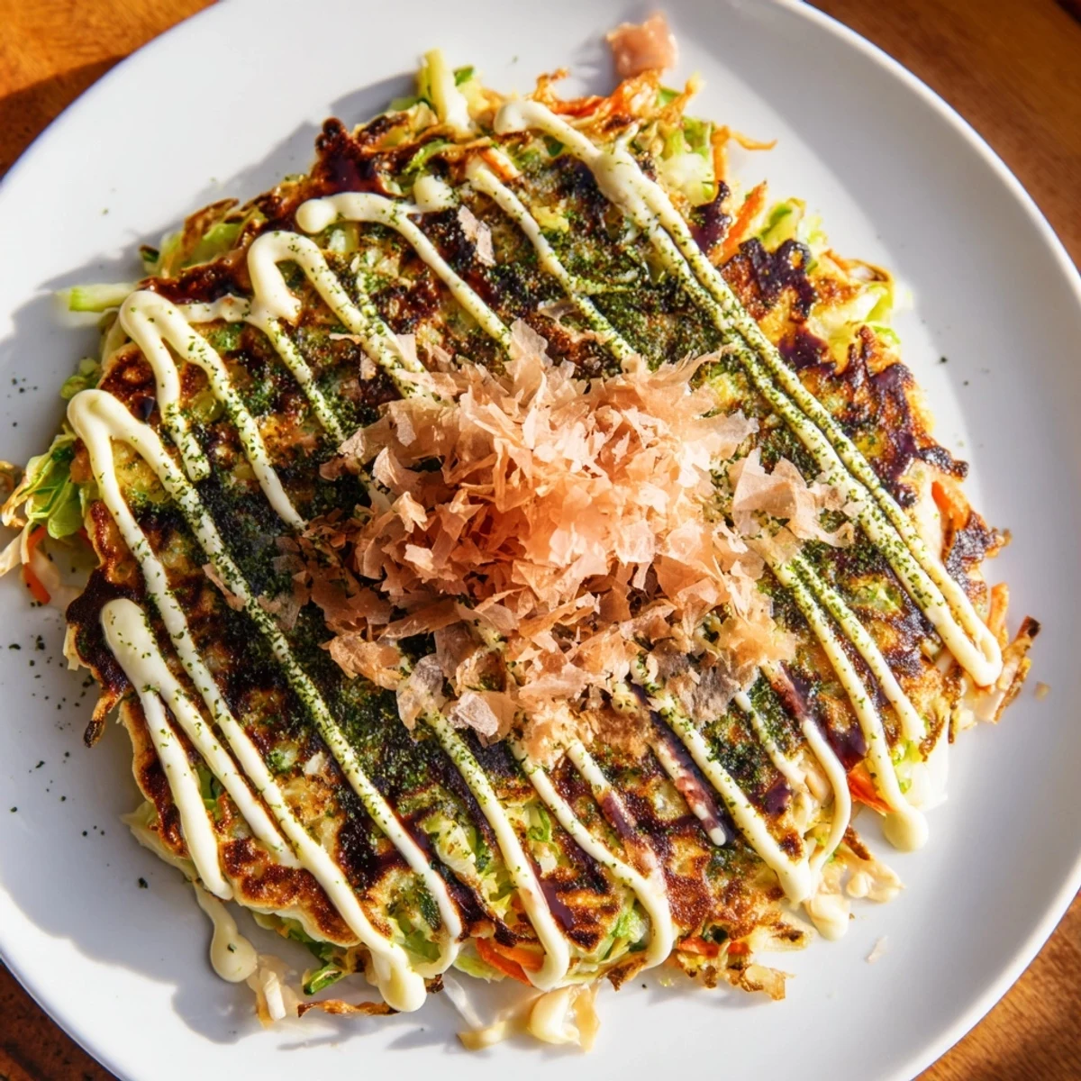 A close-up view shows a golden-brown Okonomiyaki pancake ready to eat with toppings.