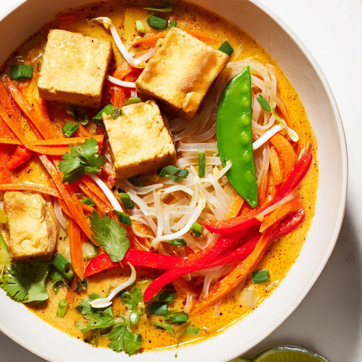 Steaming bowl of Malaysian Laksa Curry filled with noodles, vegetables, and tofu, ready to be enjoyed.