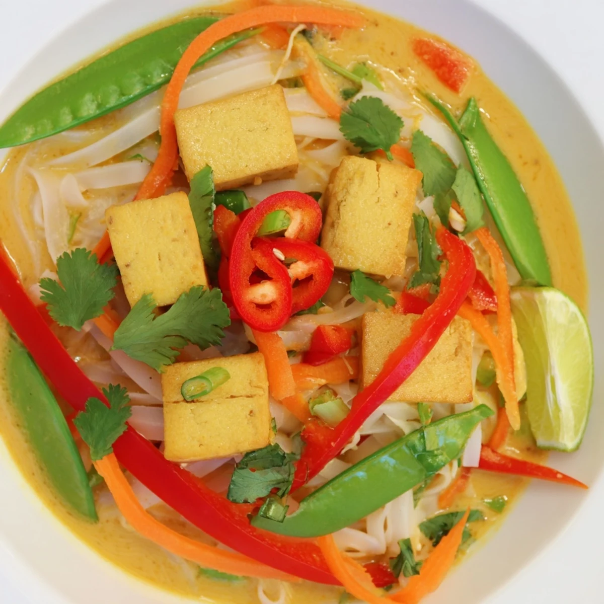 Fragrant Malaysian Laksa Curry with bright red peppers, fresh cilantro, inviting a delicious spoonful.