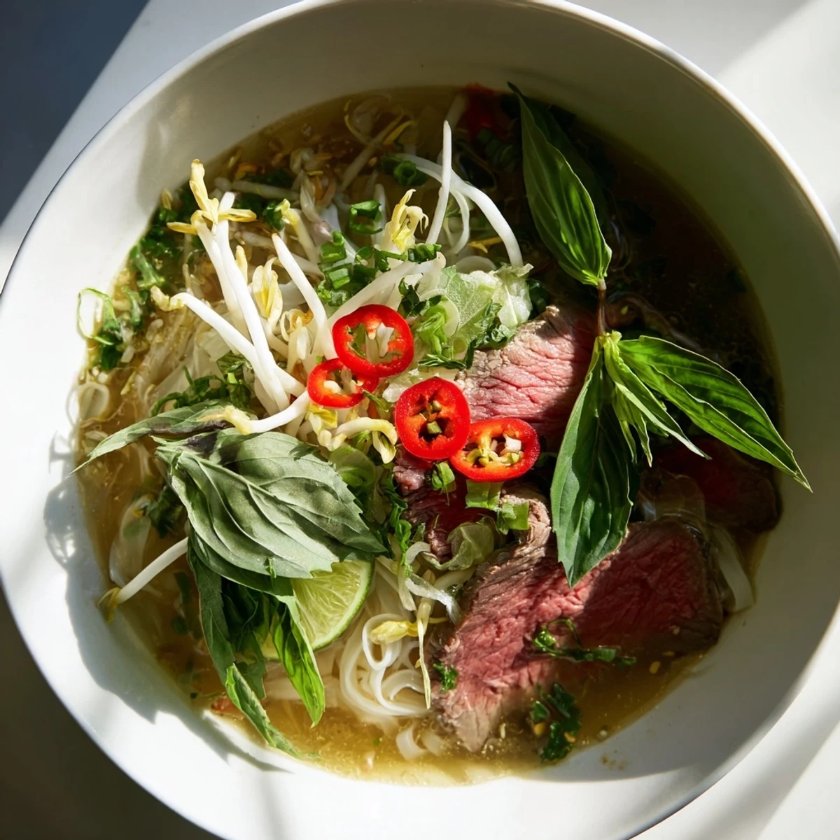 Steaming bowl of Vietnamese Pho Express with tender beef, rice noodles, and fresh herbs piled high.