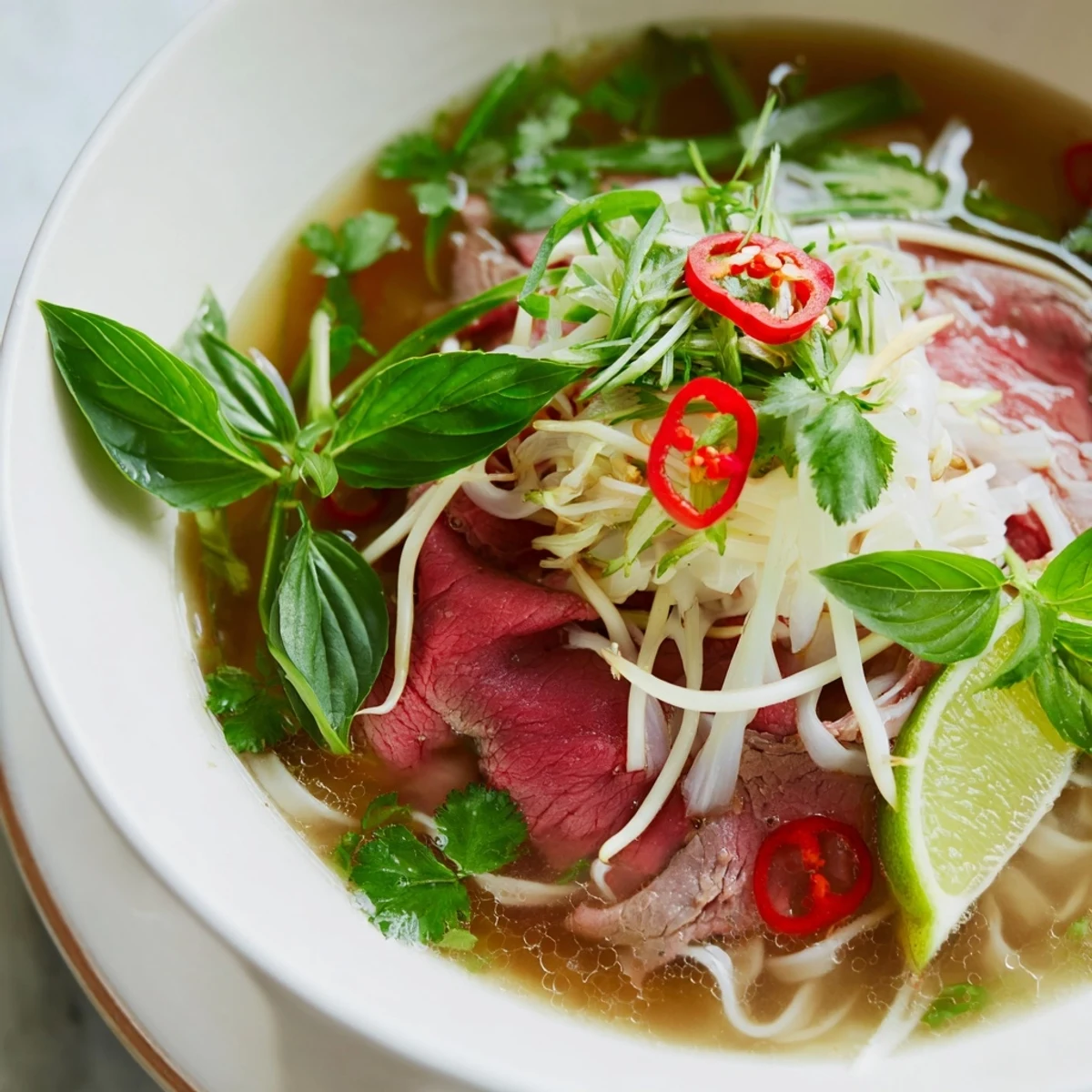 Fragrant broth surrounds the Vietnamese Pho Express with perfectly cooked beef and vibrant garnishes for a delicious meal.