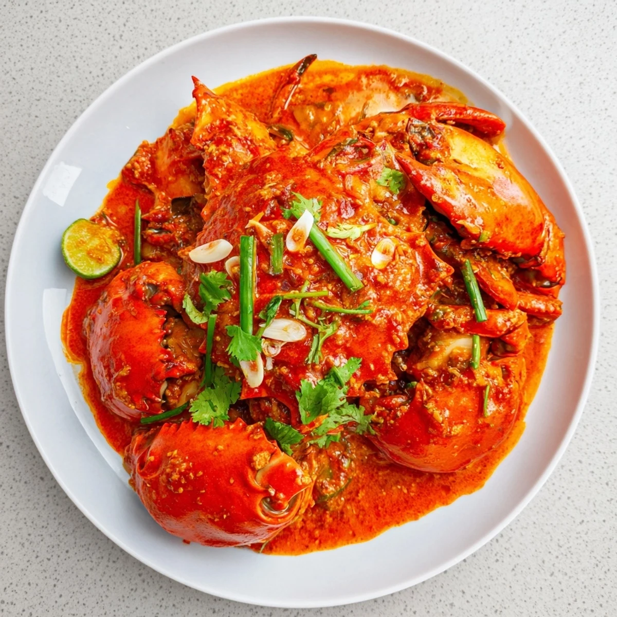 Steaming Singaporean chili crab, showcasing succulent crab pieces in a rich, vibrant red chili sauce.