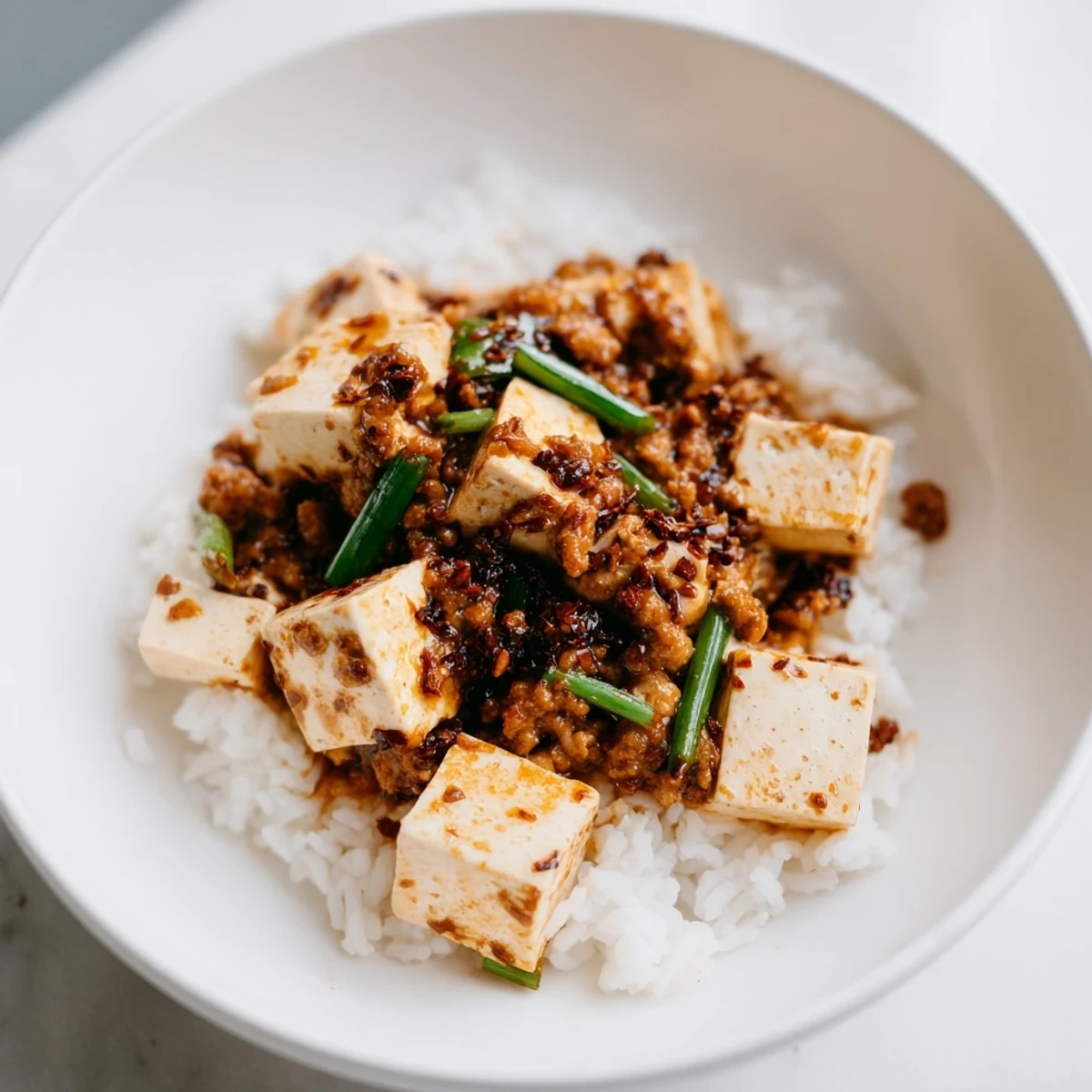 A close-up of the finished Chinese Mapo Tofu, with glistening sauce and soft tofu cubes.