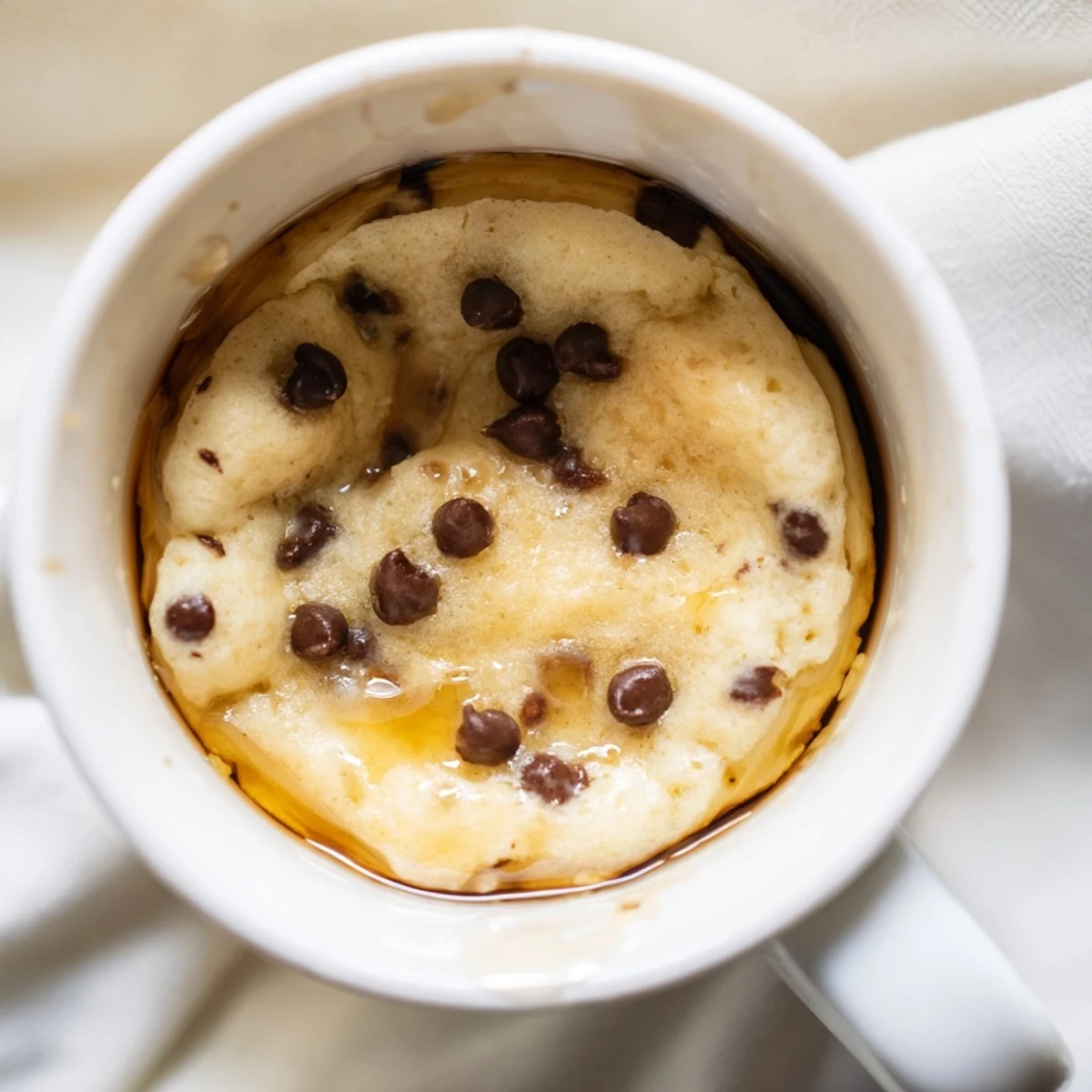 A golden brown mug pancake with melted chocolate chips and a pat of butter, highlighting the quick and easy breakfast treat.